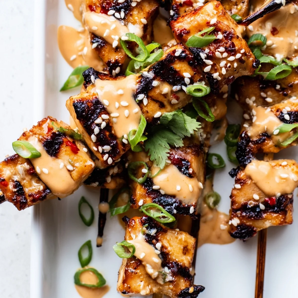 Charred Bang Bang chicken skewers brushed with tangy sriracha sauce and cilantro garnish
