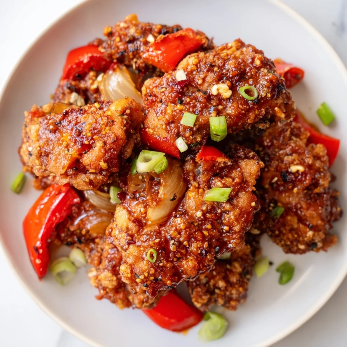 Golden crispy pepper chicken pieces tossed with colorful bell peppers in a savory black pepper sauce