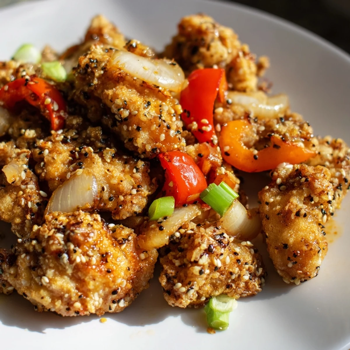 Plate of steaming crispy pepper chicken garnished with fresh green onions alongside sautéed vegetables