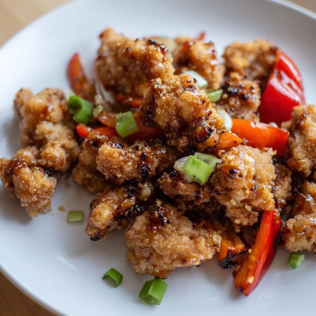 Close-up of crispy pepper chicken showcasing crunchy fried coating with aromatic freshly cracked black pepper