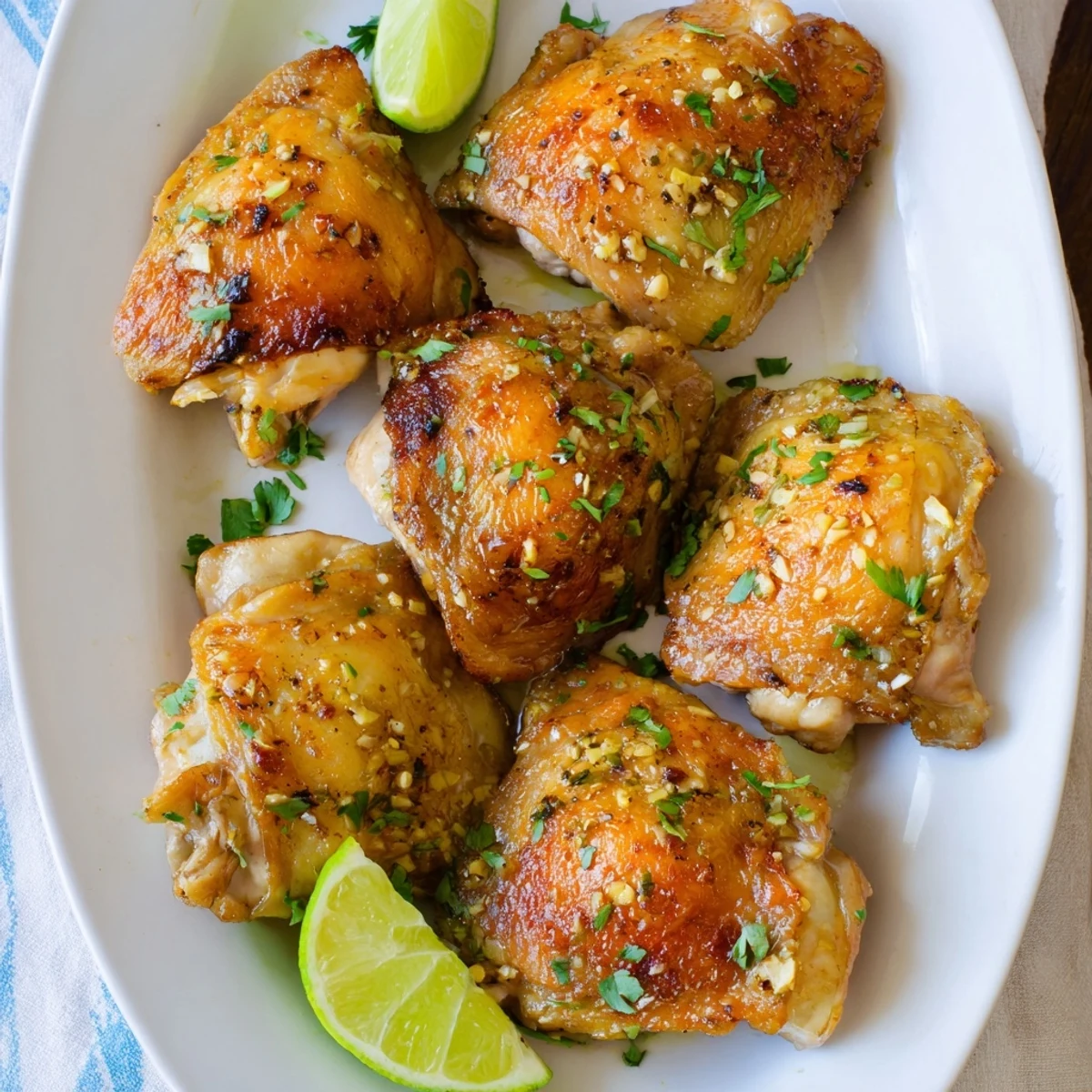 Golden roasted Cuban Mojo Chicken thighs with crispy skin and fresh citrus herb garnish on a white serving plate