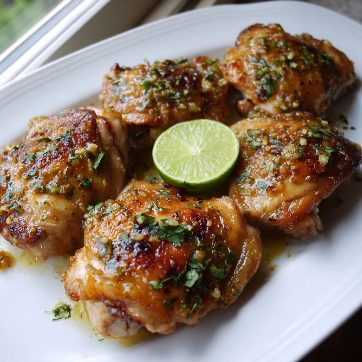 Juicy Cuban Mojo Chicken thighs basted in zesty orange lime marinade and roasted to golden perfection