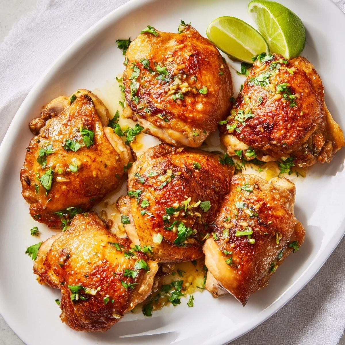 Crispy skinned Cuban Mojo Chicken thighs served with fresh cilantro and lime wedges for a vibrant Cuban dinner