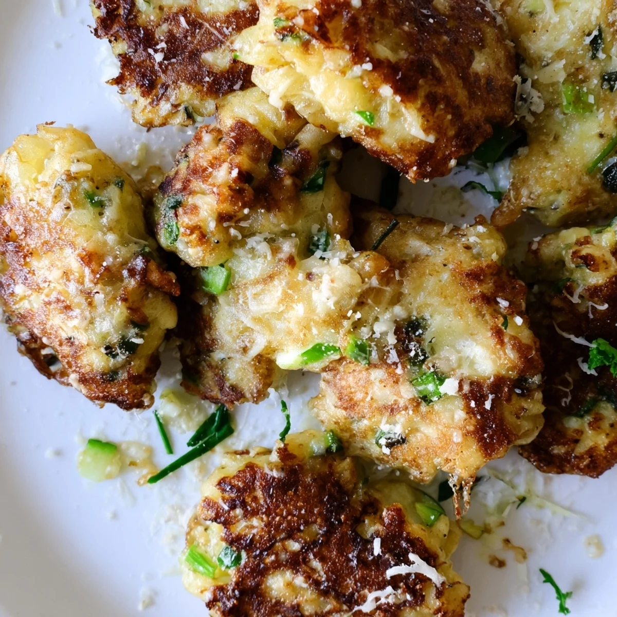Golden brown keto cheesy chicken fritters served on a white plate with fresh herbs