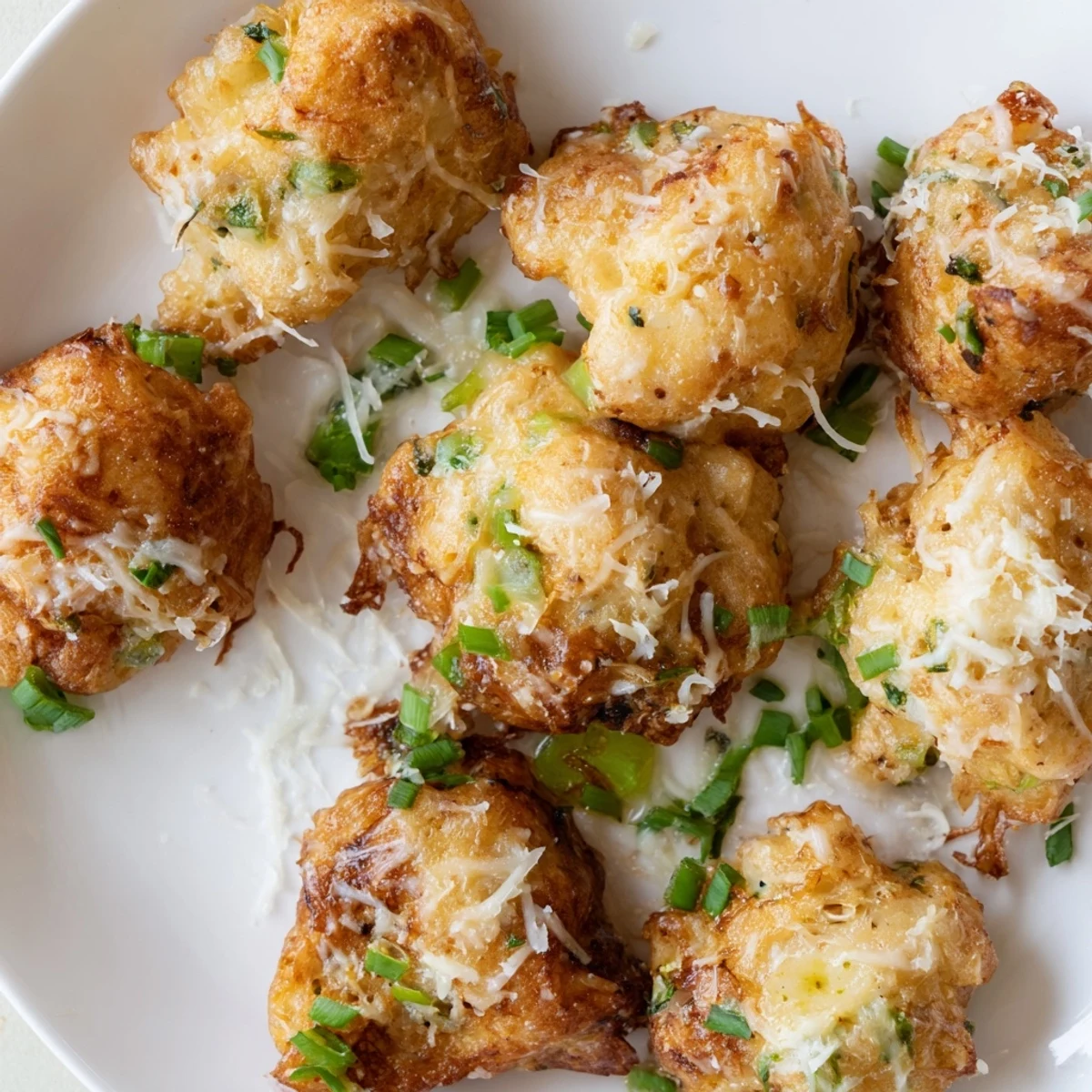 Savory low-carb chicken fritters with melted mozzarella and crispy fried edges on a wooden board