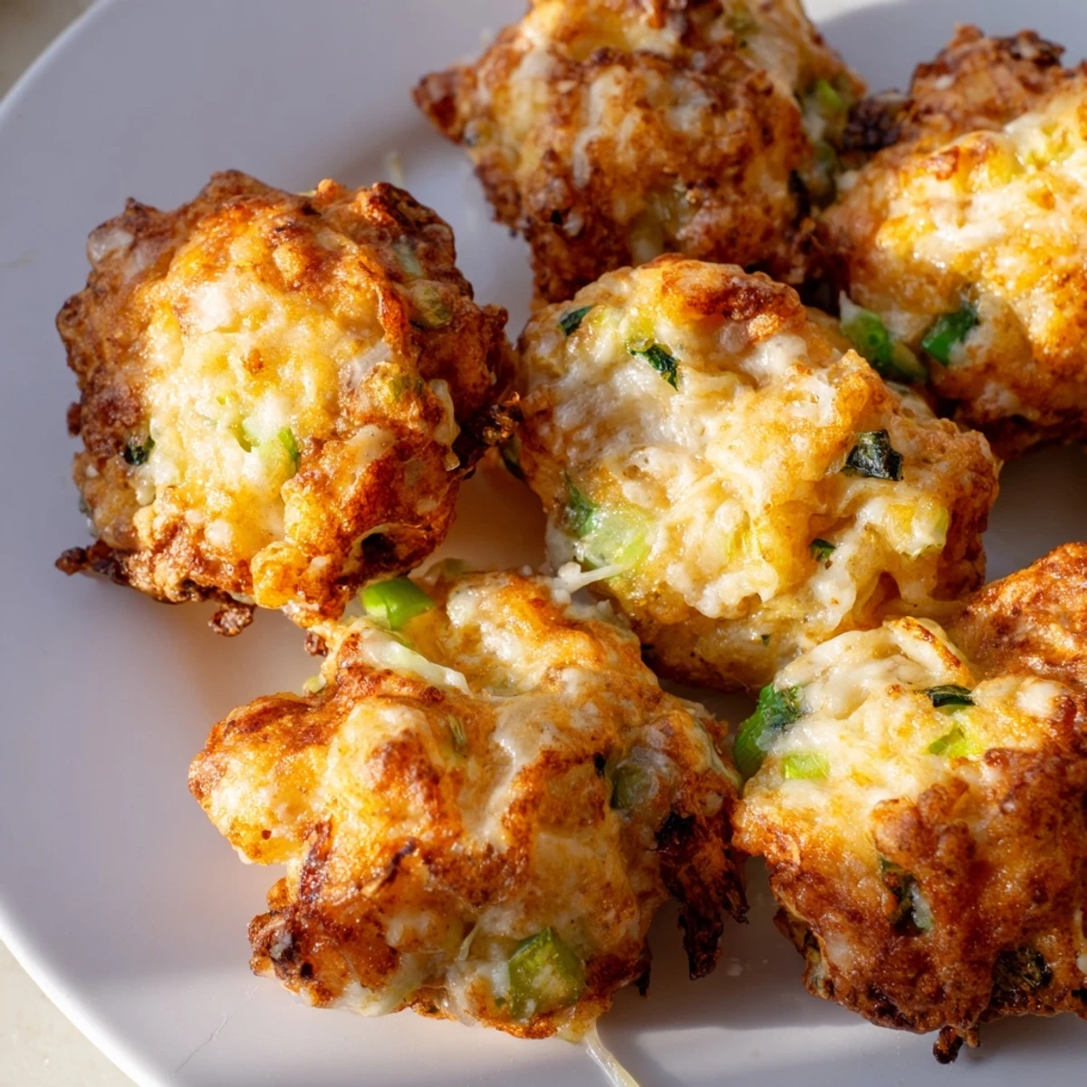 Homemade keto chicken fritters stacked high with green onion garnish and dipping sauce alongside