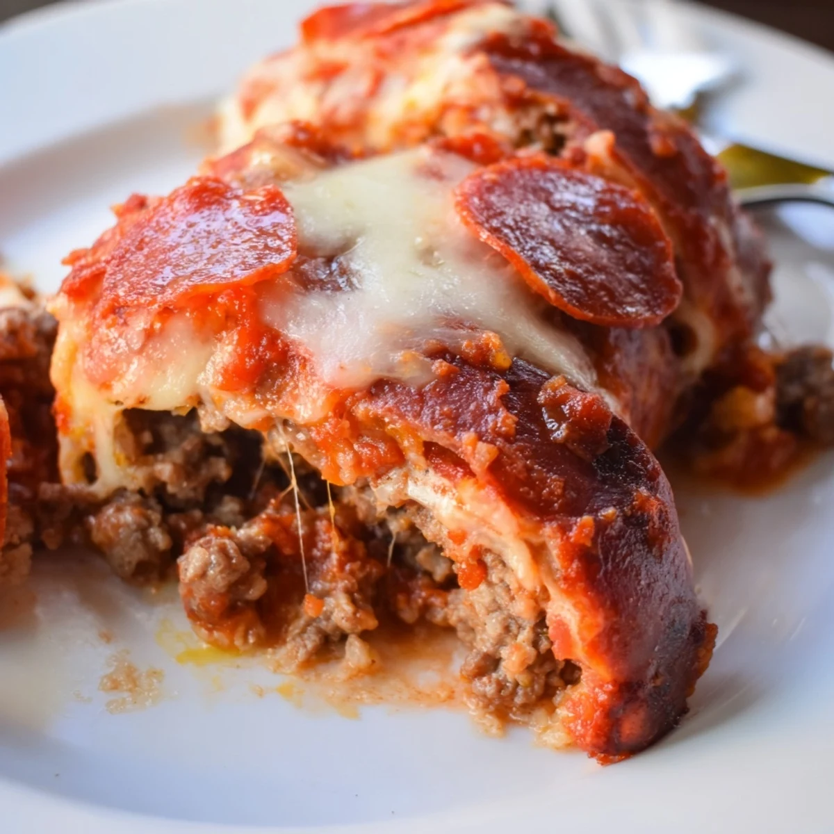 Golden brown keto beef pepperoni cheese roll ups oozing with melted mozzarella on a white plate
