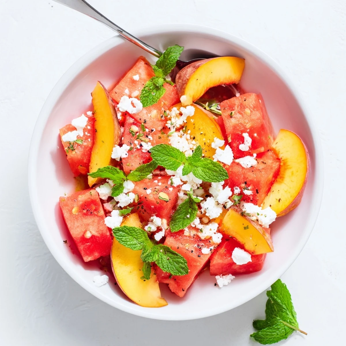 Colorful peach watermelon salad in white bowl topped with optional crumbled feta cheese