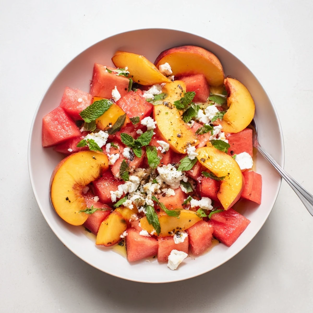 Vibrant summer peach watermelon salad featuring ripe fruit slices and torn green mint garnish