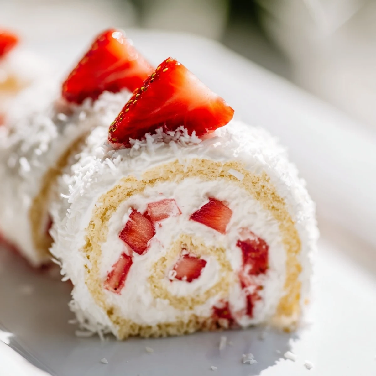 Golden sponge cake rolls filled with sweetened whipped cream and fresh diced strawberries arranged like sushi
