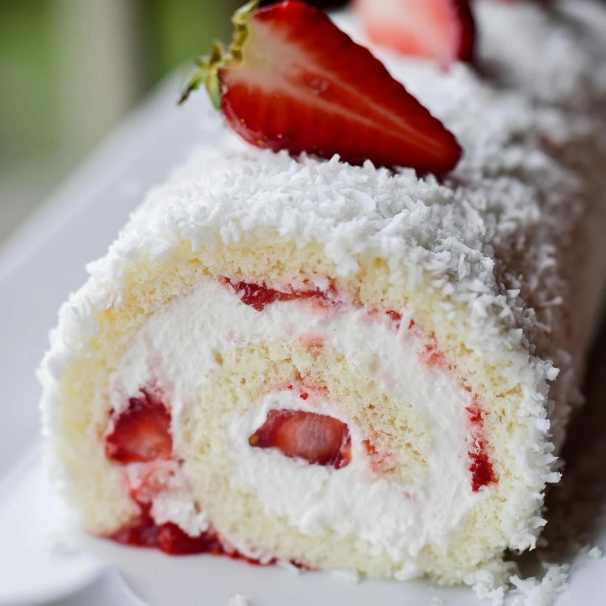 Whimsical strawberry shortcake sushi rolls featuring fluffy sponge, cream filling, and coconut-dusted edges