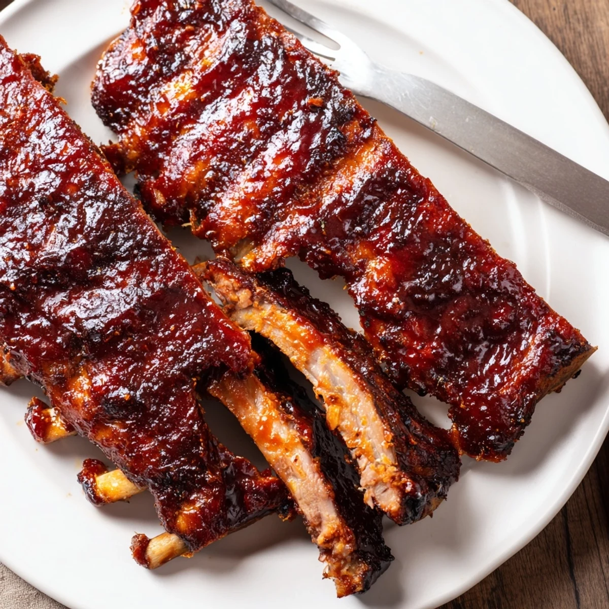 Grilled Ribs glazed in sticky barbecue sauce, smoky char, resting on cutting board