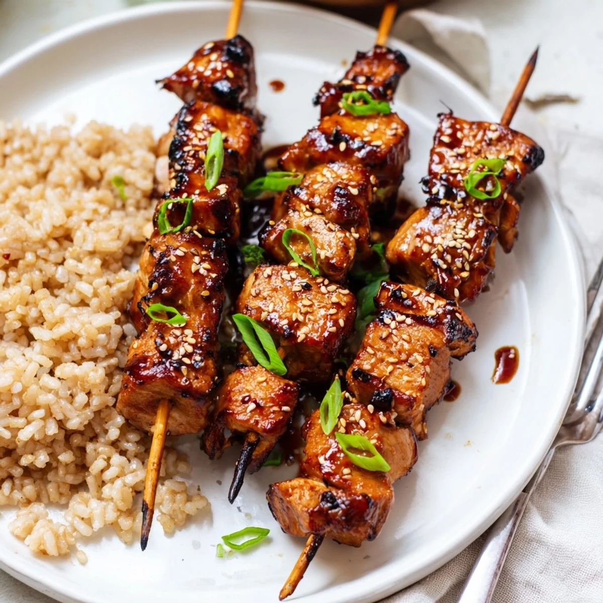 Glazed Teriyaki Chicken Skewers sizzling on a grill, sesame seeds sprinkled.