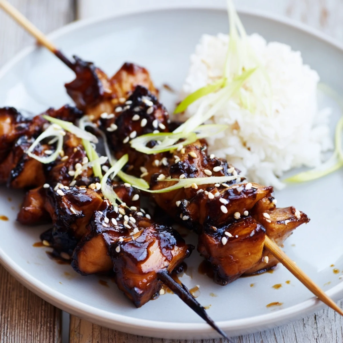 Teriyaki Chicken Skewers brushed with sticky sauce, served over steaming rice.