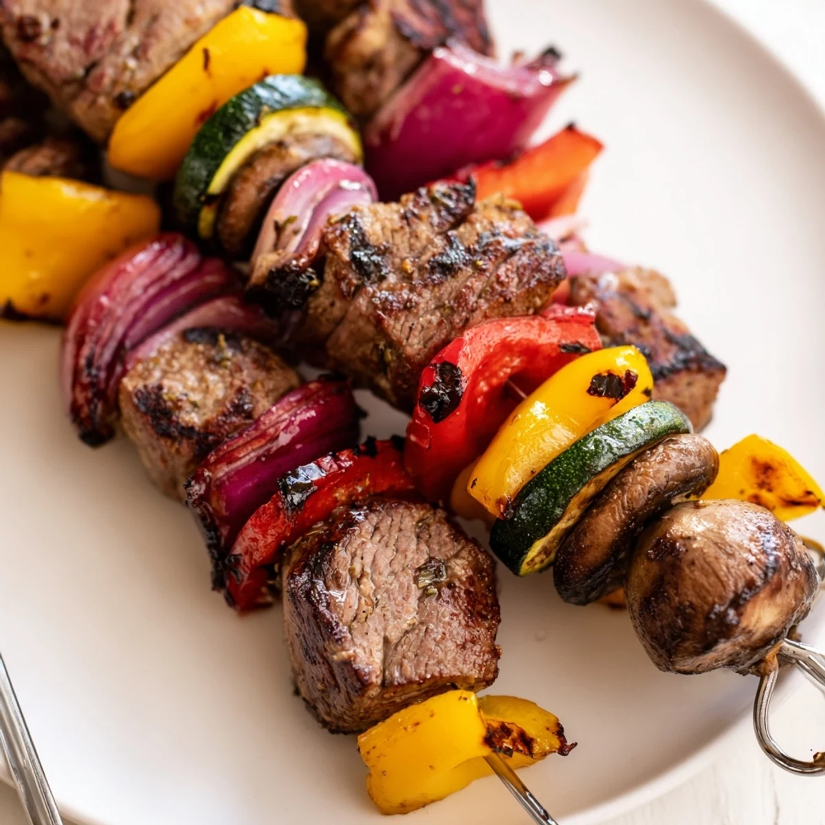 Steak Kabobs glistening with marinade, charred edges, colorful peppers and onions