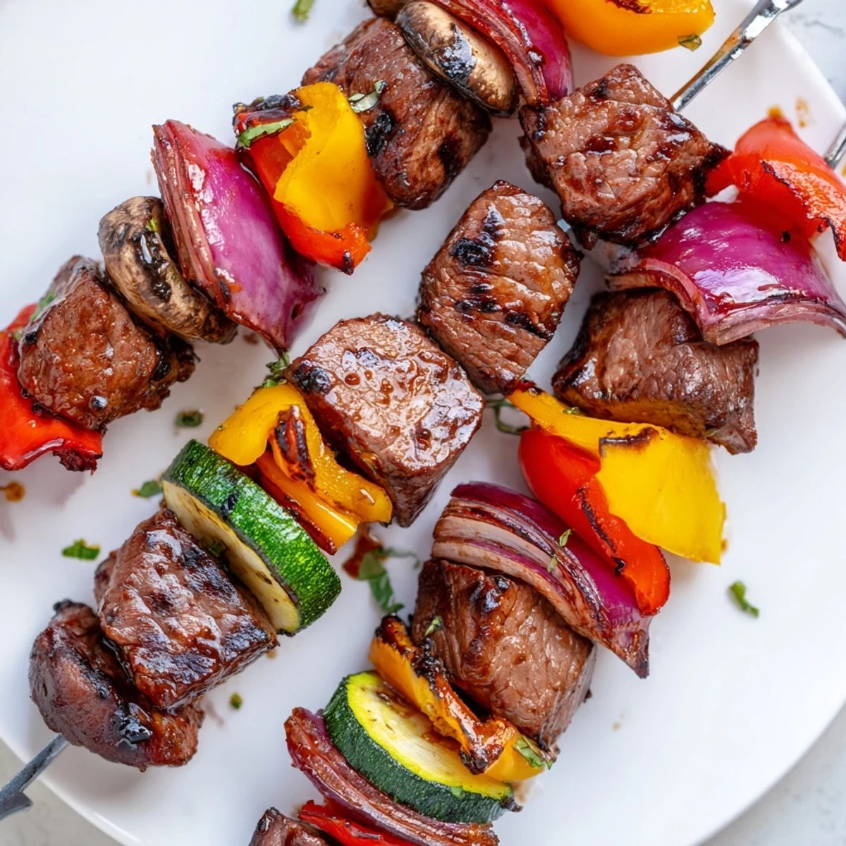 Grilled Steak Kabobs steaming on skewers, juicy beef, zucchini rounds and mushrooms
