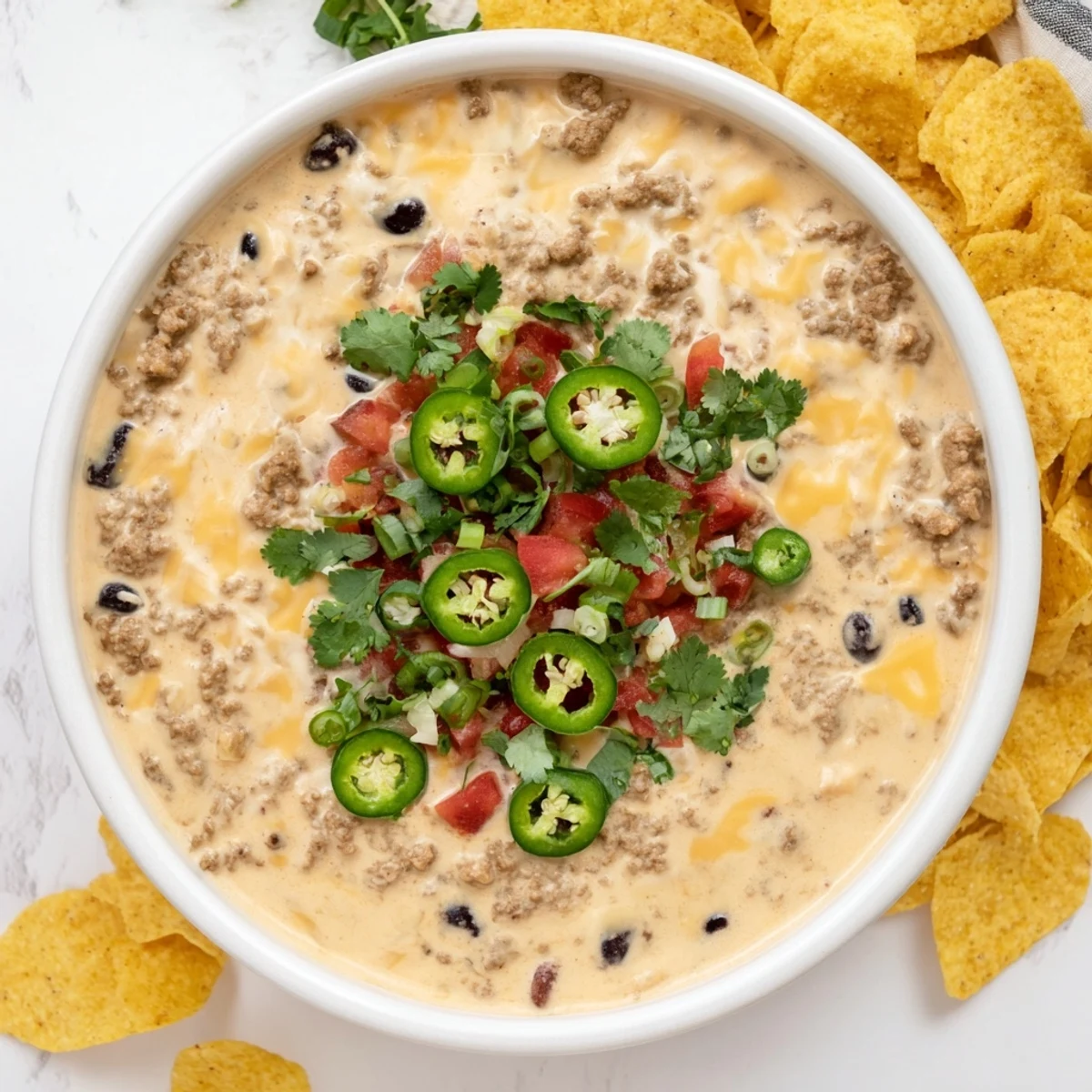 Creamy super nachos dip with melted cheddar, Monterey Jack, ground beef, black beans, and jalapeños served in a bowl with tortilla chips