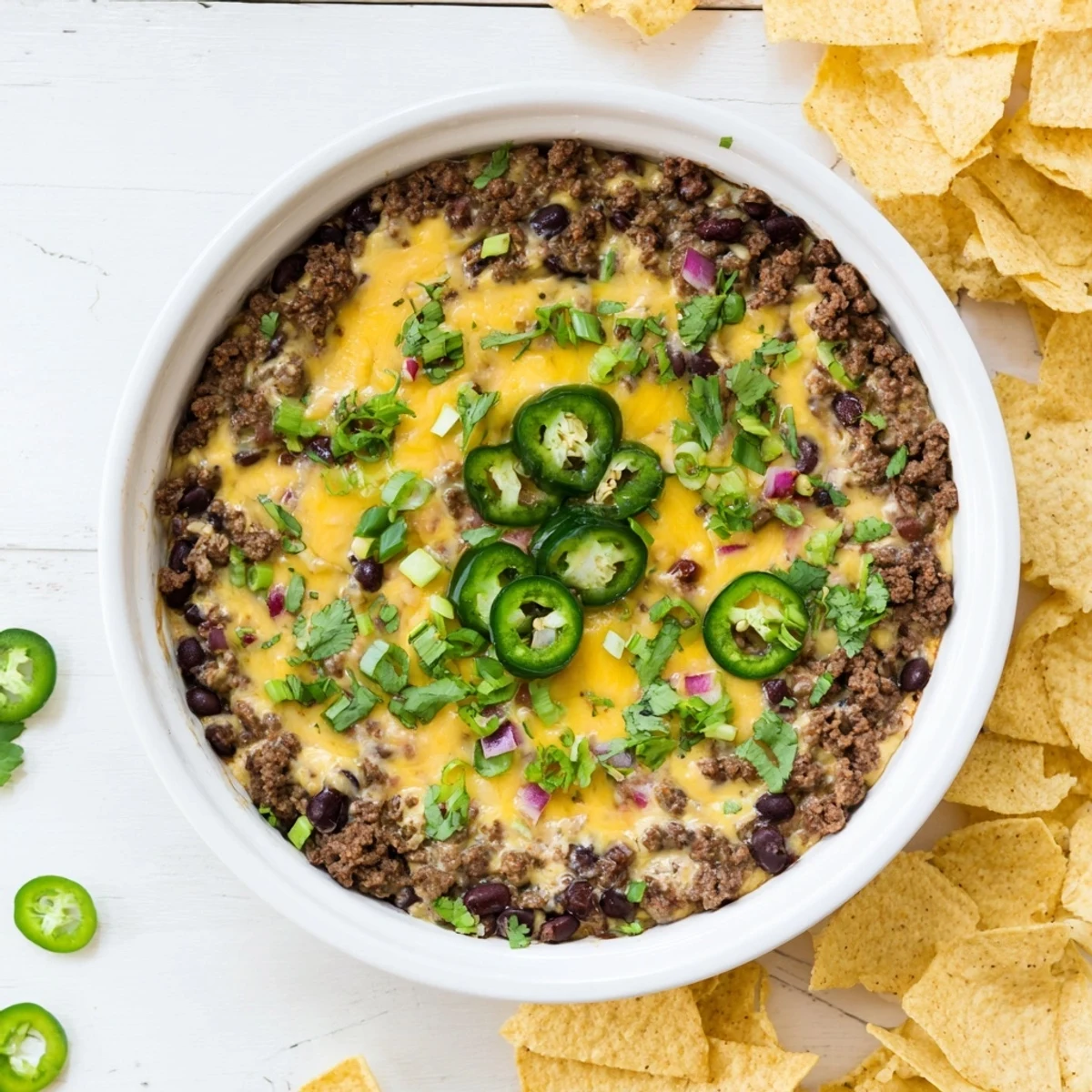 Hot Tex-Mex super nachos dip featuring seasoned beef, beans, diced tomatoes, and melted cheese blend topped with fresh cilantro