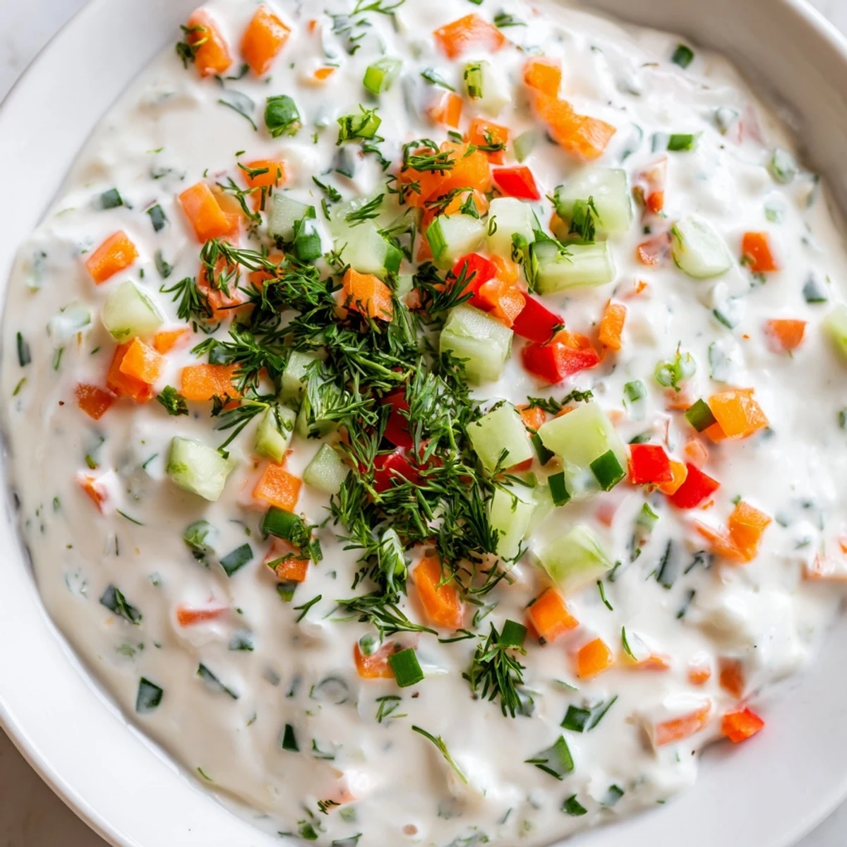 Creamy white fresh vegetable spring garden dip served in bowl with colorful vegetable crudités platter