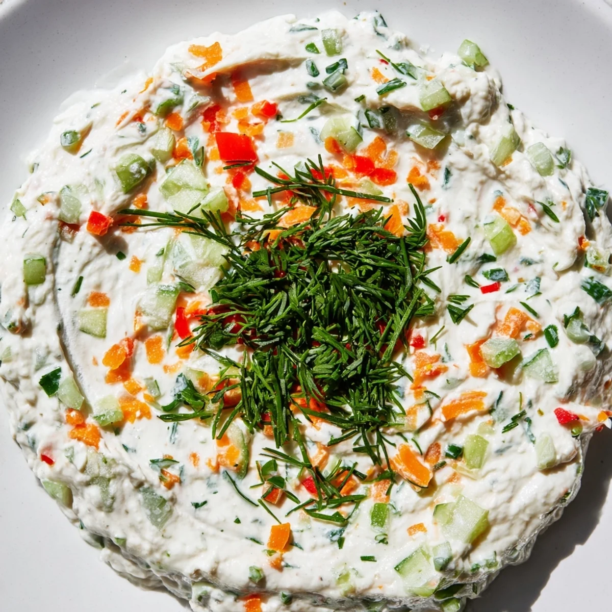 Vibrant chopped herb and cucumber flecked fresh vegetable spring garden dip garnished with fresh dill