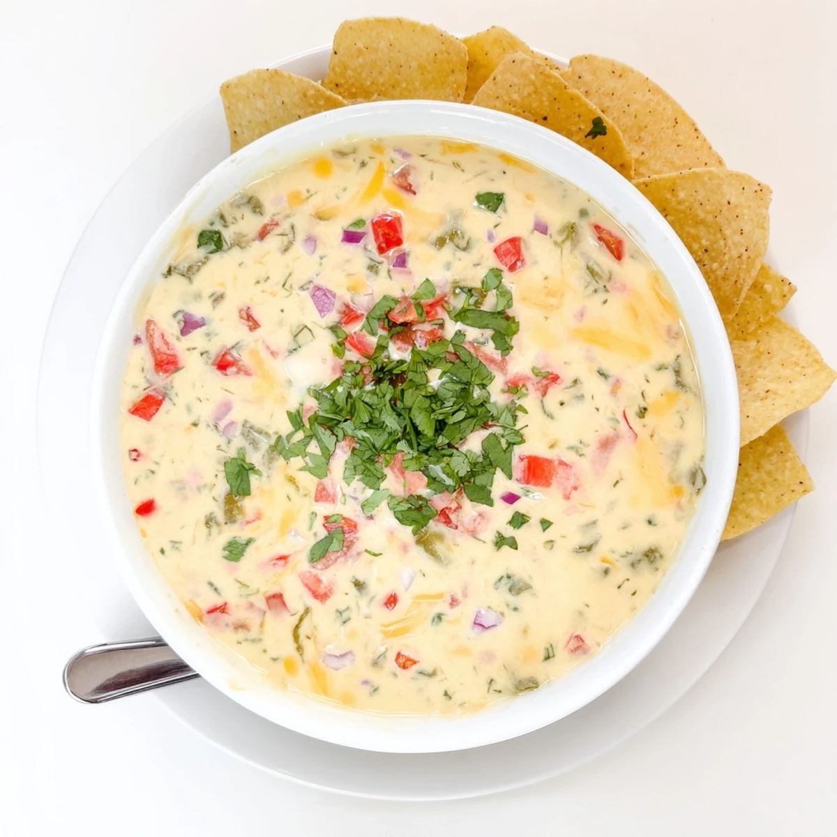 Creamy green chile queso dip with melted cheddar and Monterey Jack cheeses served in a bowl
