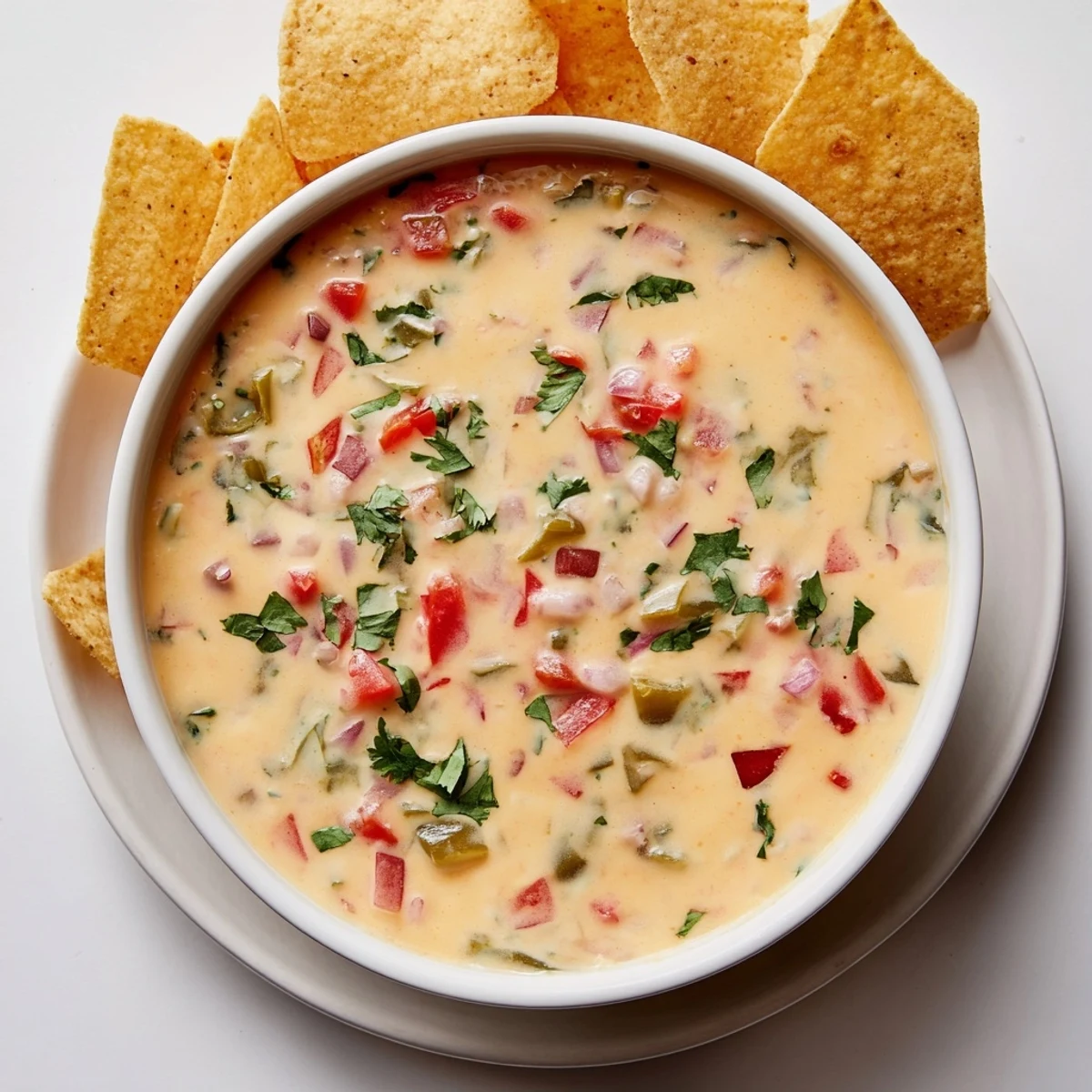 Golden green chile queso dip bubbling with roasted peppers and topped with fresh cilantro