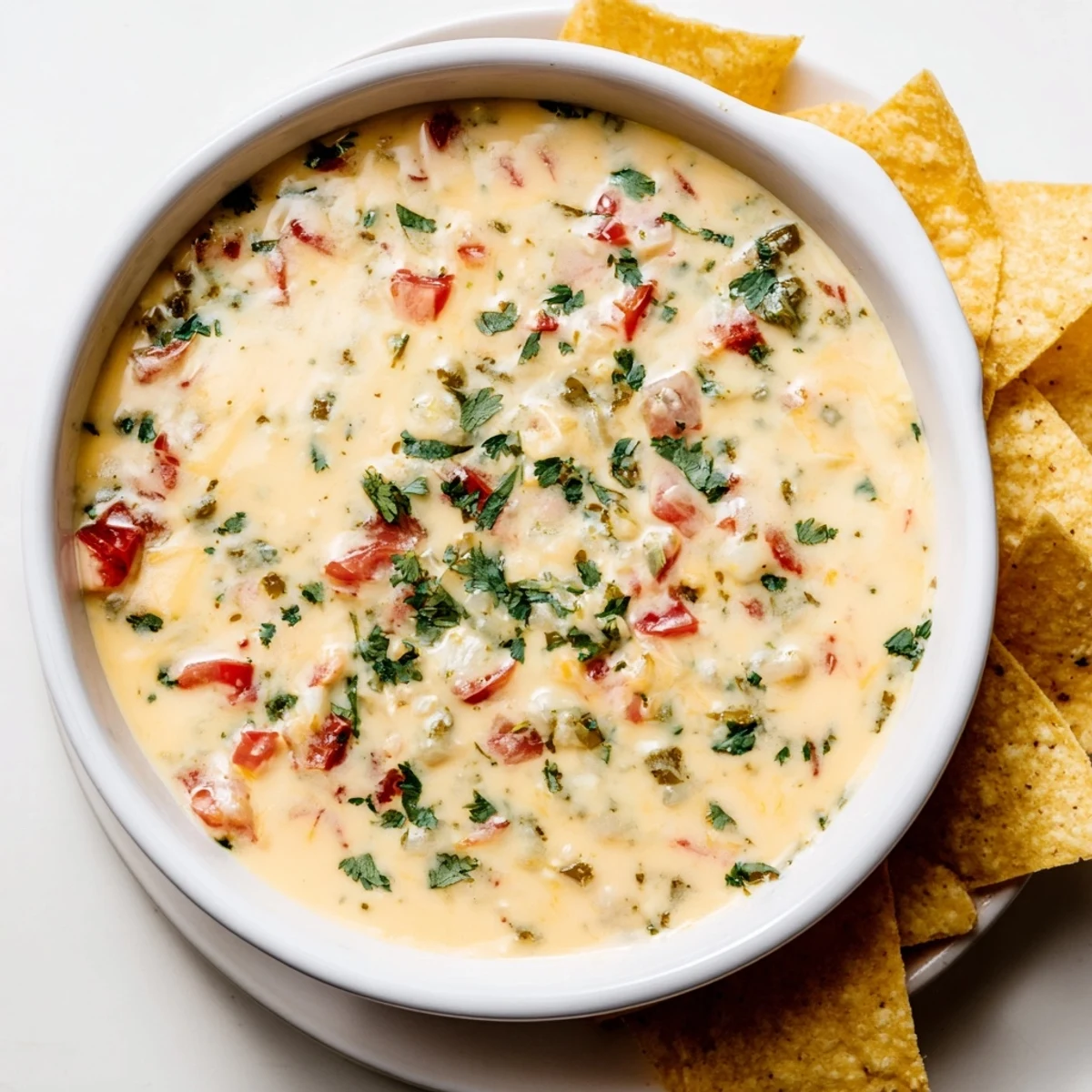Warm green chile queso dip spooned onto crispy tortilla chips with diced tomato garnish