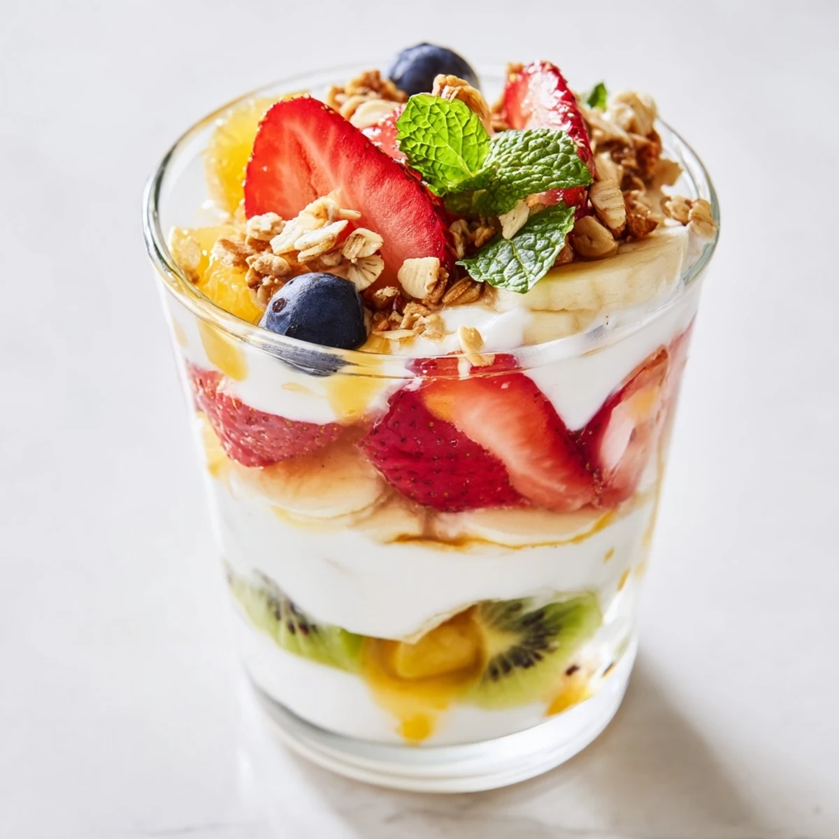 Glass jar showcasing layered yogurt parfait recipe with honey and fresh colorful fruits