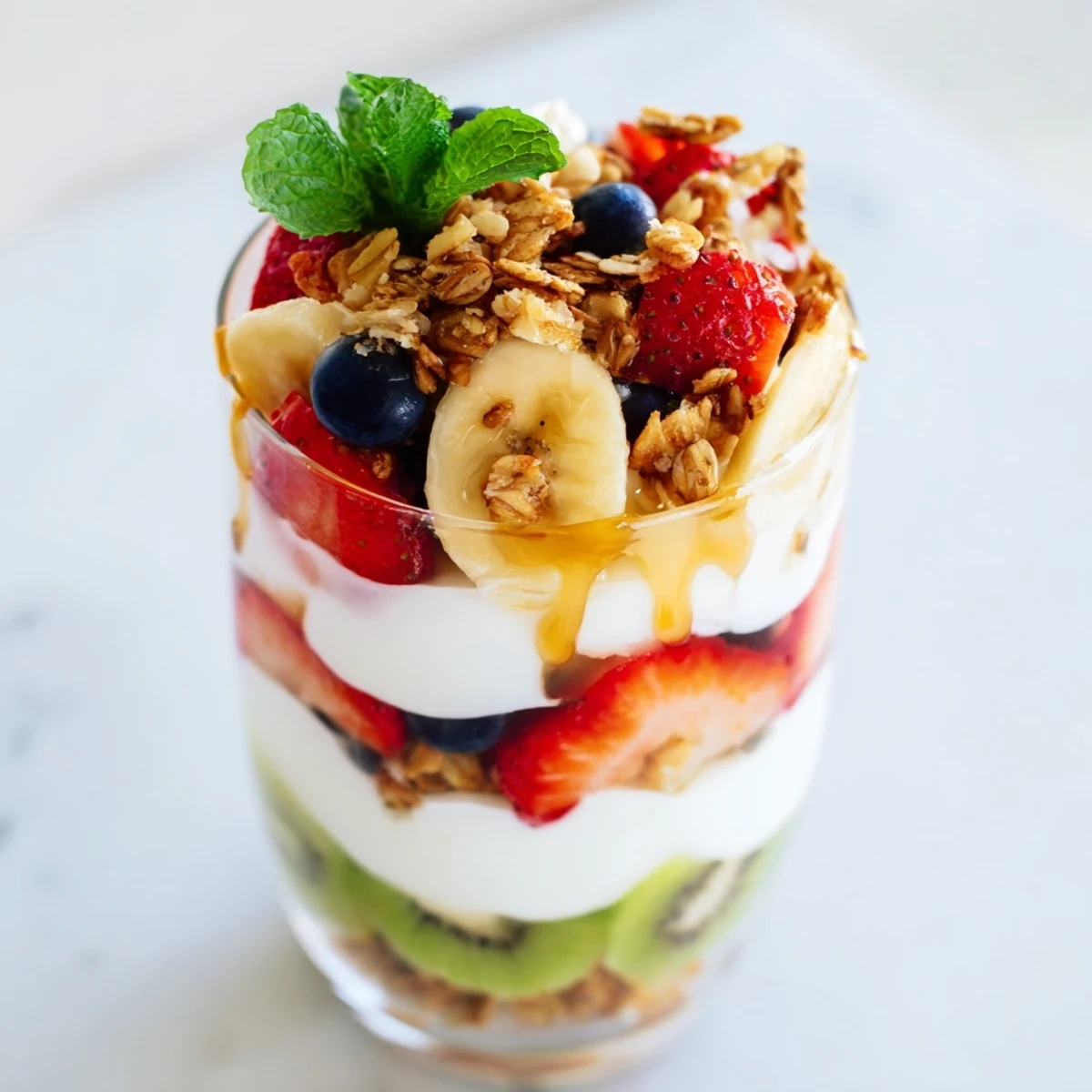 Breakfast parfait glass displaying honey yogurt parfait recipe with strawberries blueberries and banana slices
