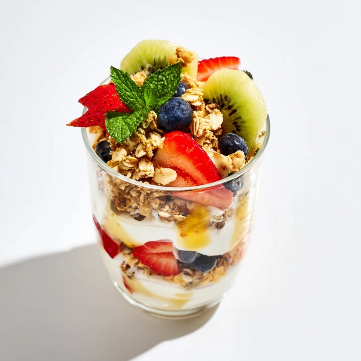 Creamy yogurt parfait recipe drizzled with golden honey and topped with berries and kiwi