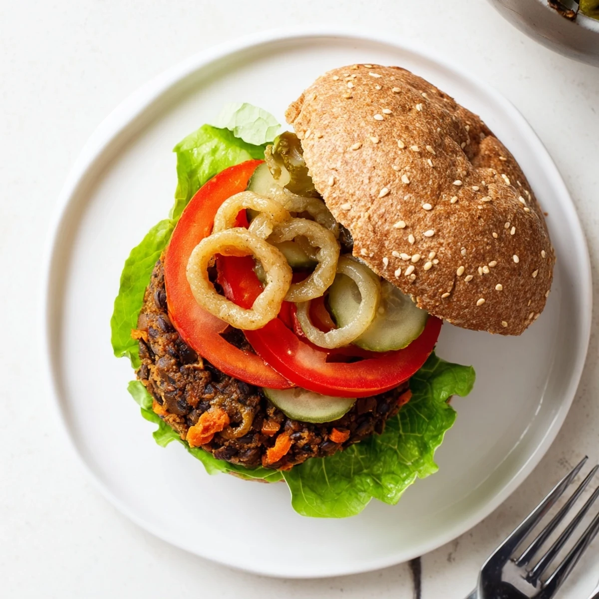 Homemade veggie burgers plated on whole wheat buns topped with crisp vegetables and pickles