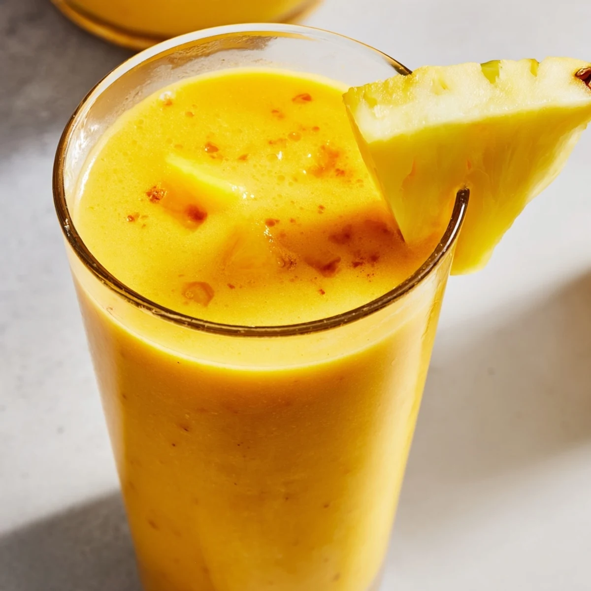 Tropical pineapple mango smoothie recipe poured into two glasses with fresh fruit garnish on wooden table
