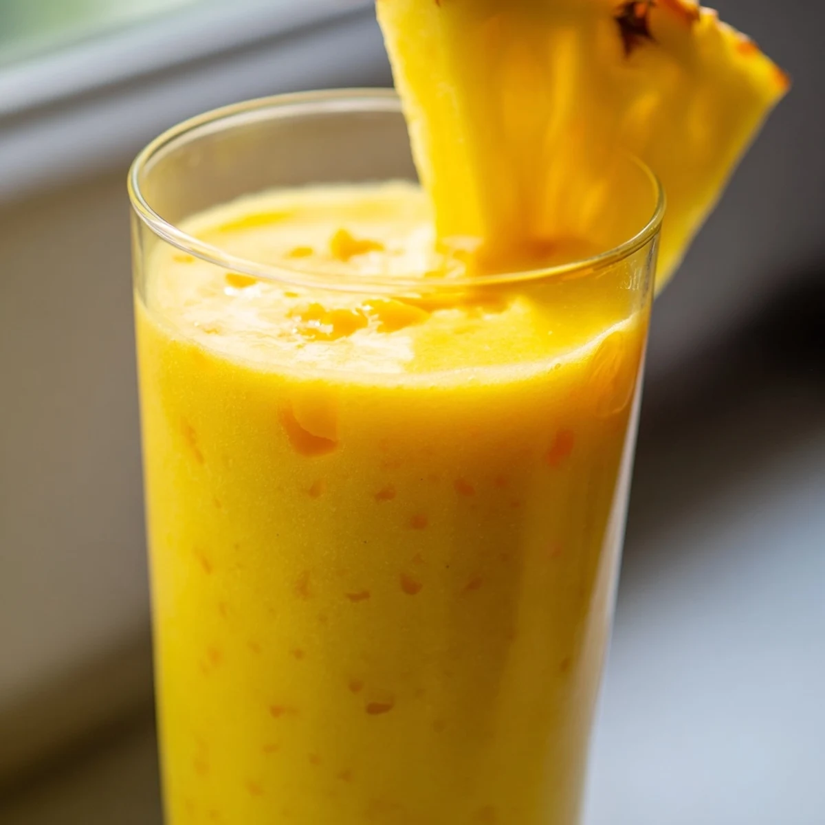 Thick creamy pineapple mango smoothie recipe blended with yellow orange swirls in clear glass