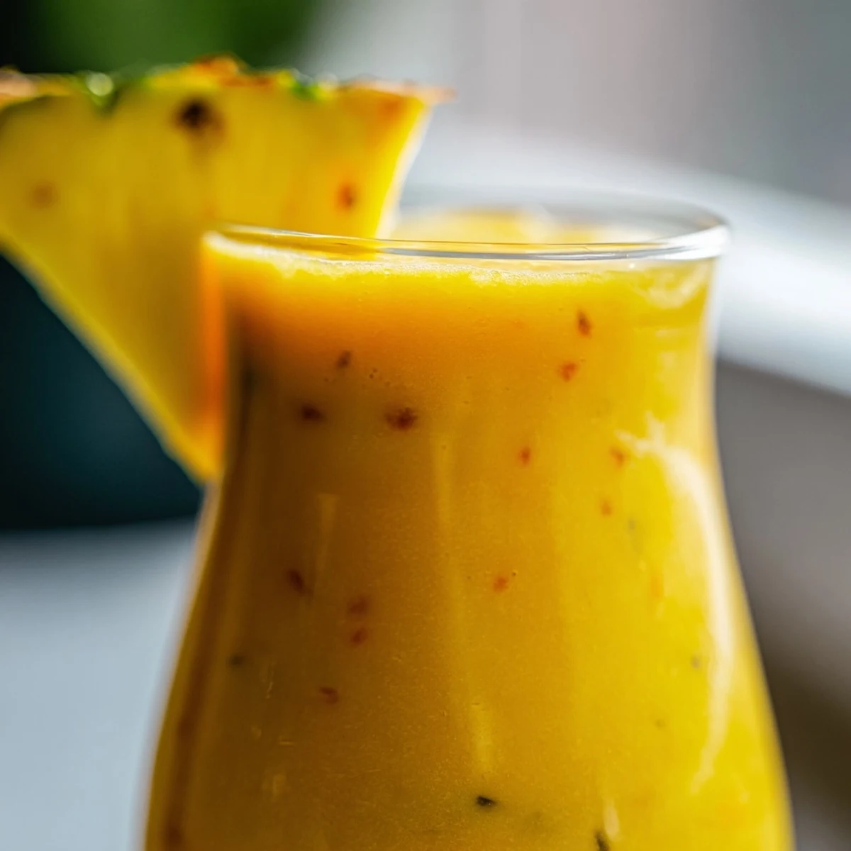 Refreshing tropical pineapple mango smoothie recipe topped with mango slice wedge on sunny patio
