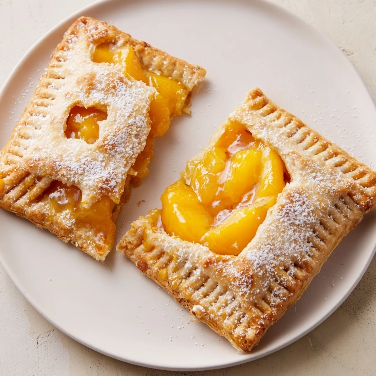 Fresh baked Peach Pop Tarts Classic split open showing jammy peach filling