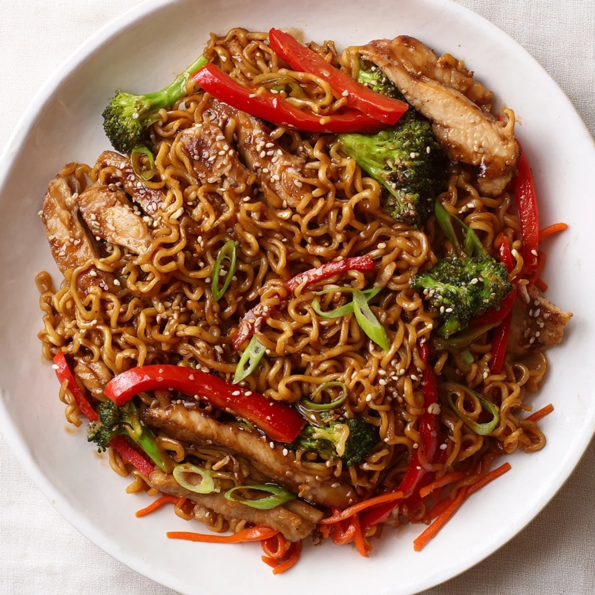 Chicken Ramen Stir Fry sizzling in wok with glossy sesame soy sauce