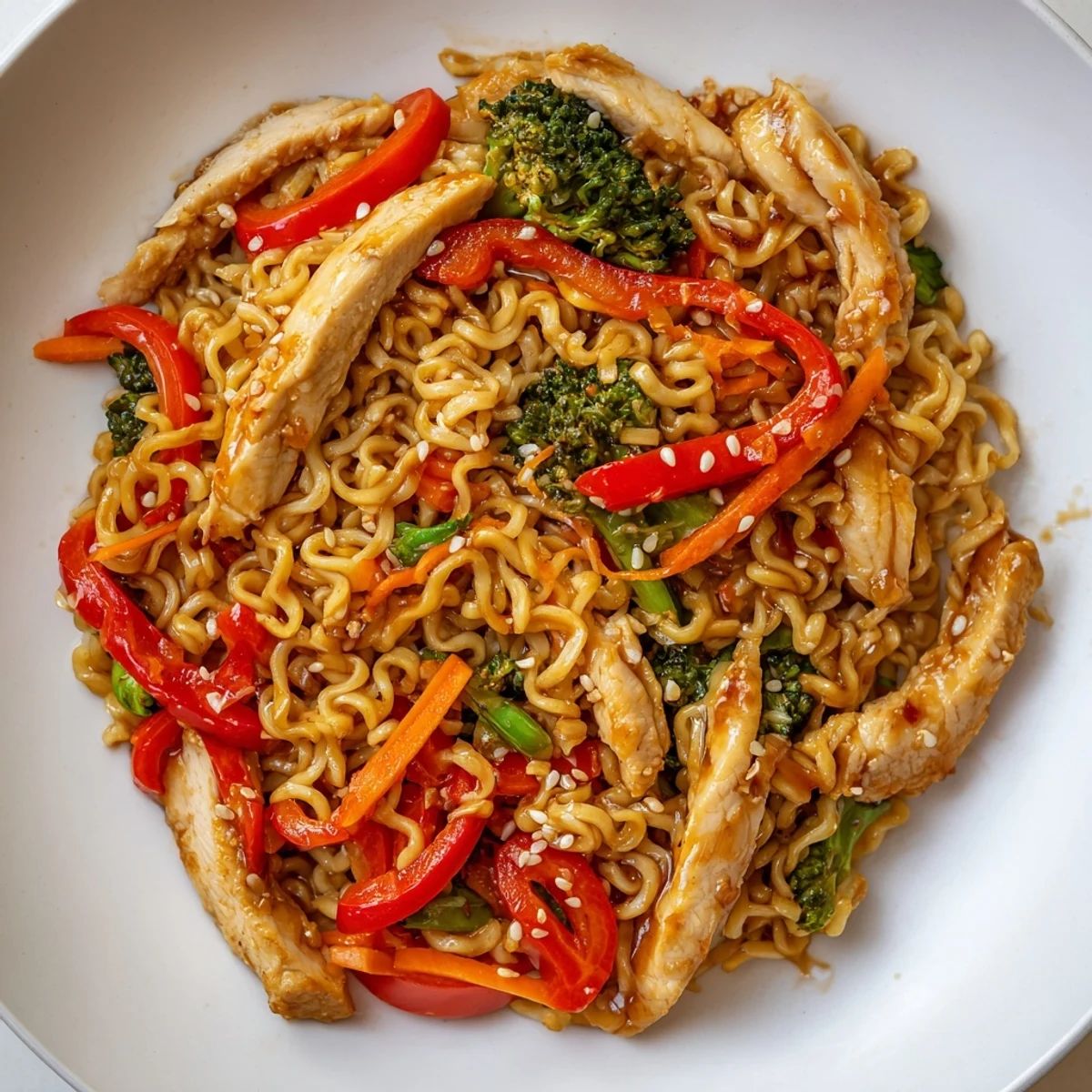 Pan-tossed Chicken Ramen Stir Fry showcasing tender sliced chicken, crisp vegetables