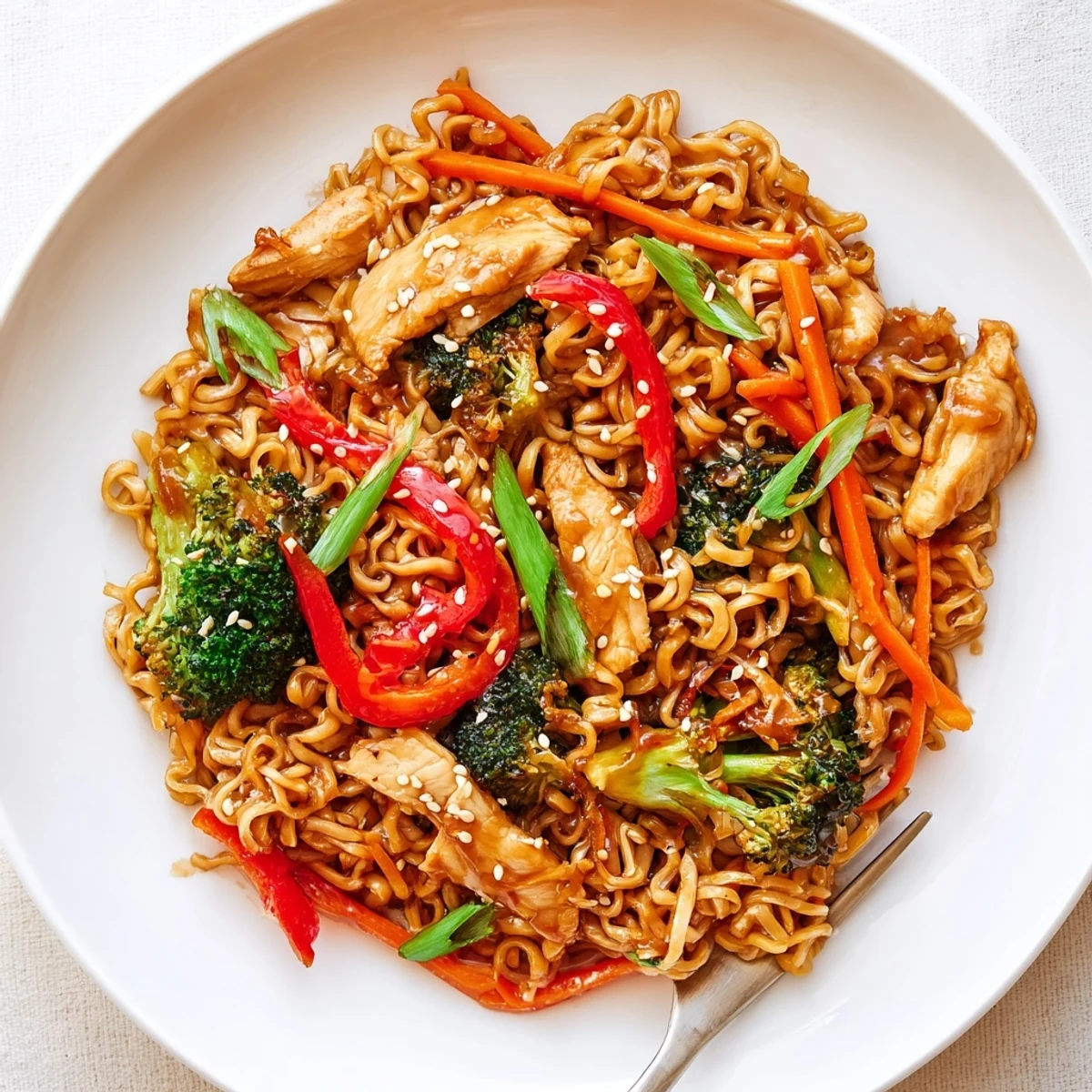 Chicken Ramen Stir Fry plated with sesame seeds, scallions, steam rising