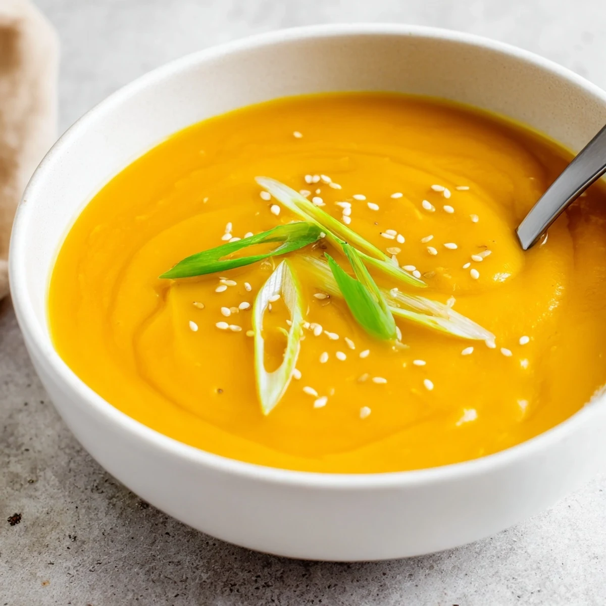 Steaming bowl of Carrot Ginger Miso Soup, silky texture with scallion garnish