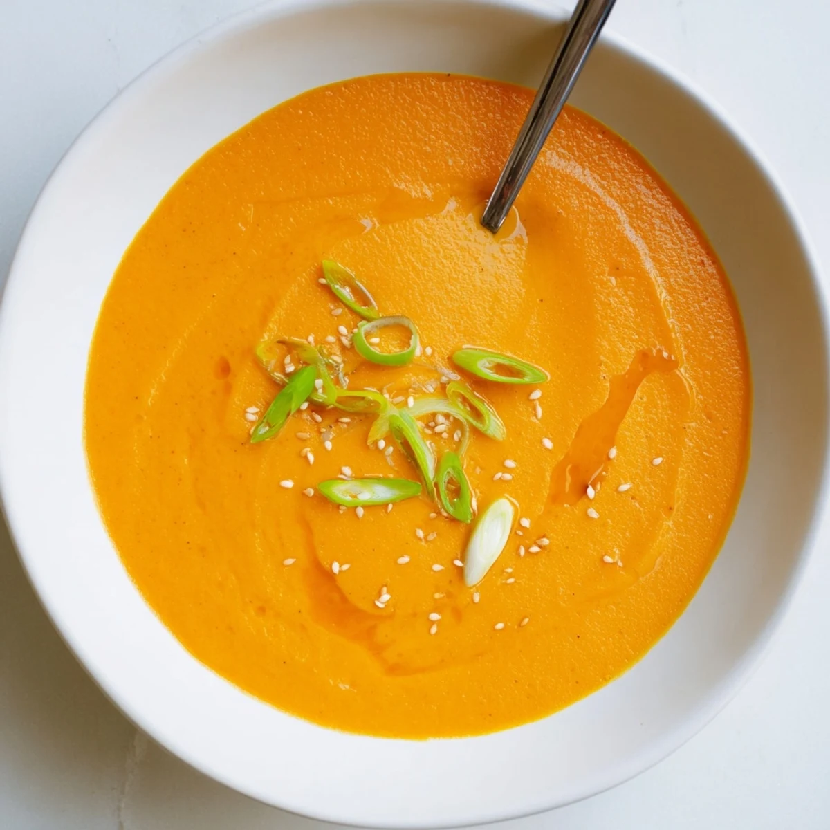 Warm Carrot Ginger Miso Soup recipe, bright orange puree smelling of ginger