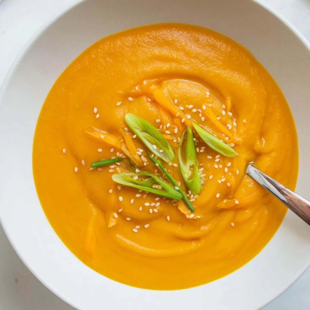 Creamy Carrot Ginger Miso Soup ladled into bowls, topped with sesame, scallions