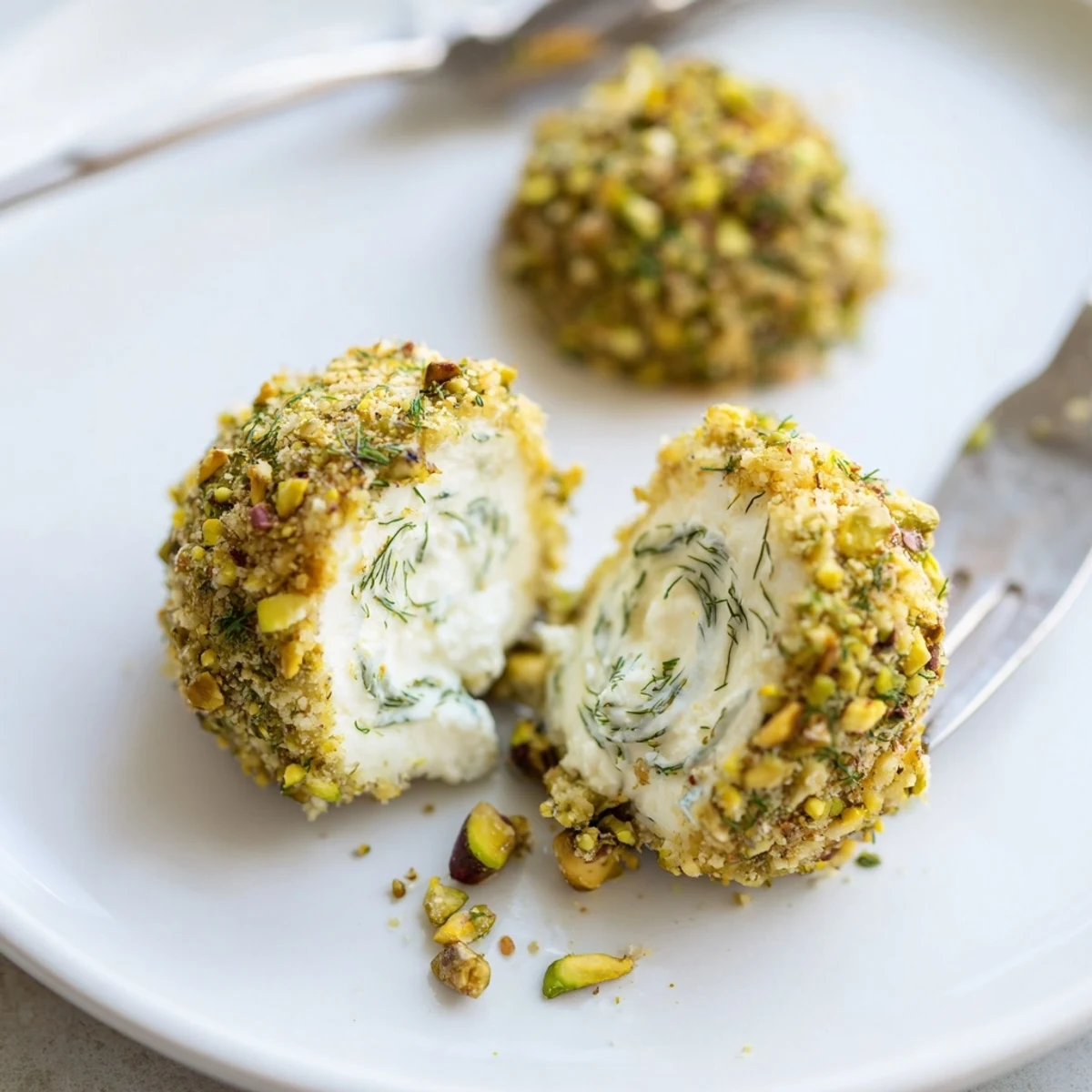 Savory Pistachio Crusted Cheese Bites on platter, crunchy pistachios and fresh herbs.