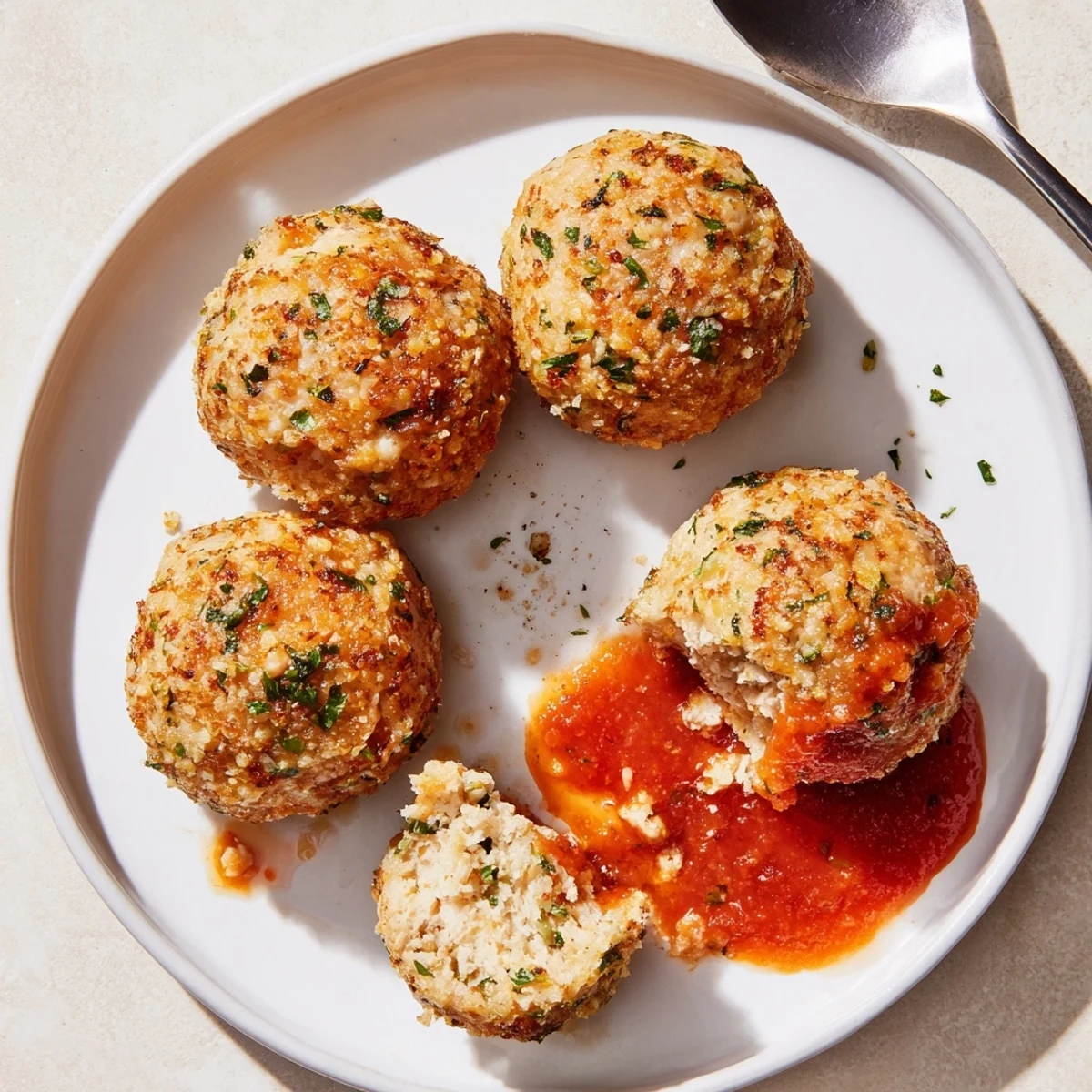 Baked Juicy Chicken Meatballs steaming, tender interior with marinara for dipping.