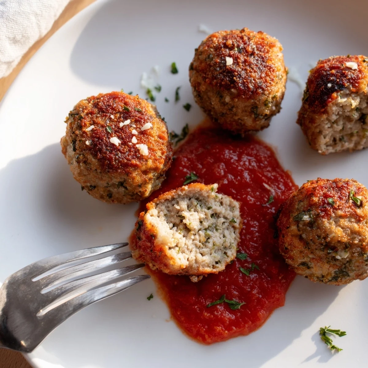 Juicy Chicken Meatballs glistening golden-brown on a baking sheet, parsley garnish.