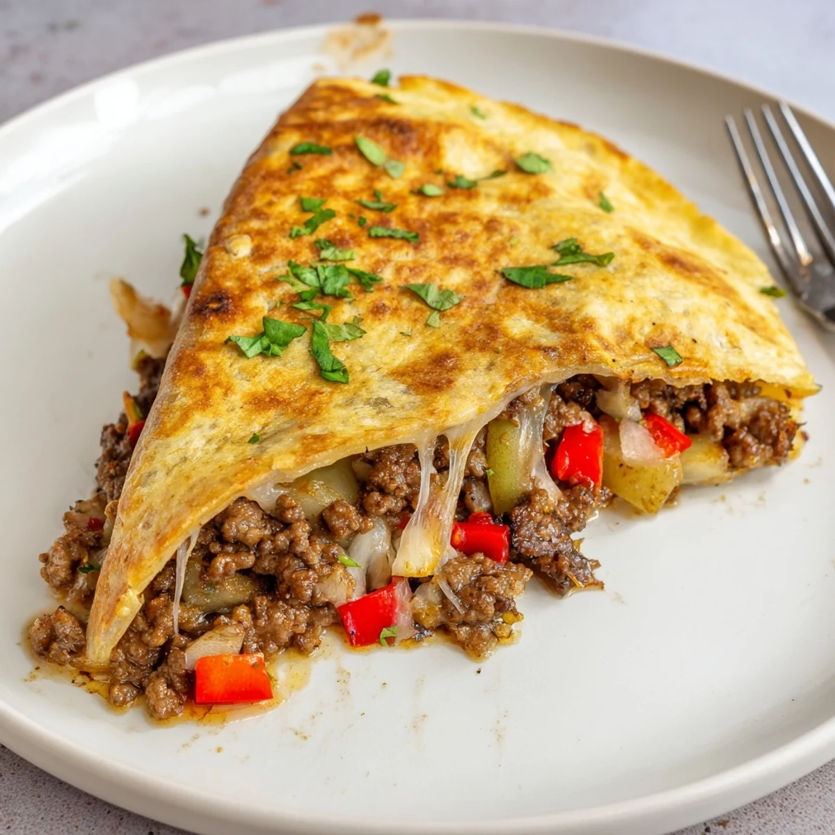 Sweet Savory Beef Quesadillas Recipe on a cutting board, cheese oozing, steam