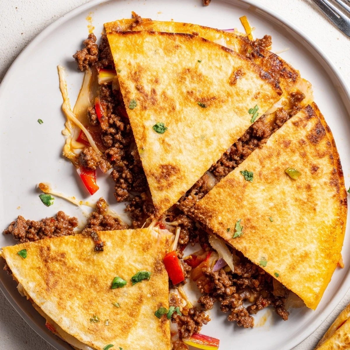 Warm Sweet Savory Beef Quesadillas Recipe sliced into wedges, served with guacamole