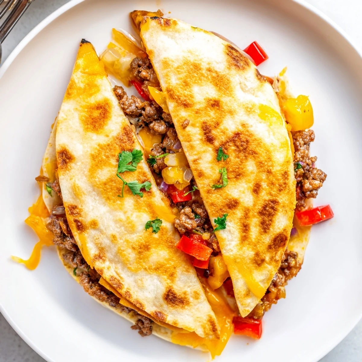 Crispy Sweet Savory Beef Quesadillas Recipe filled with melty cheese and diced apple