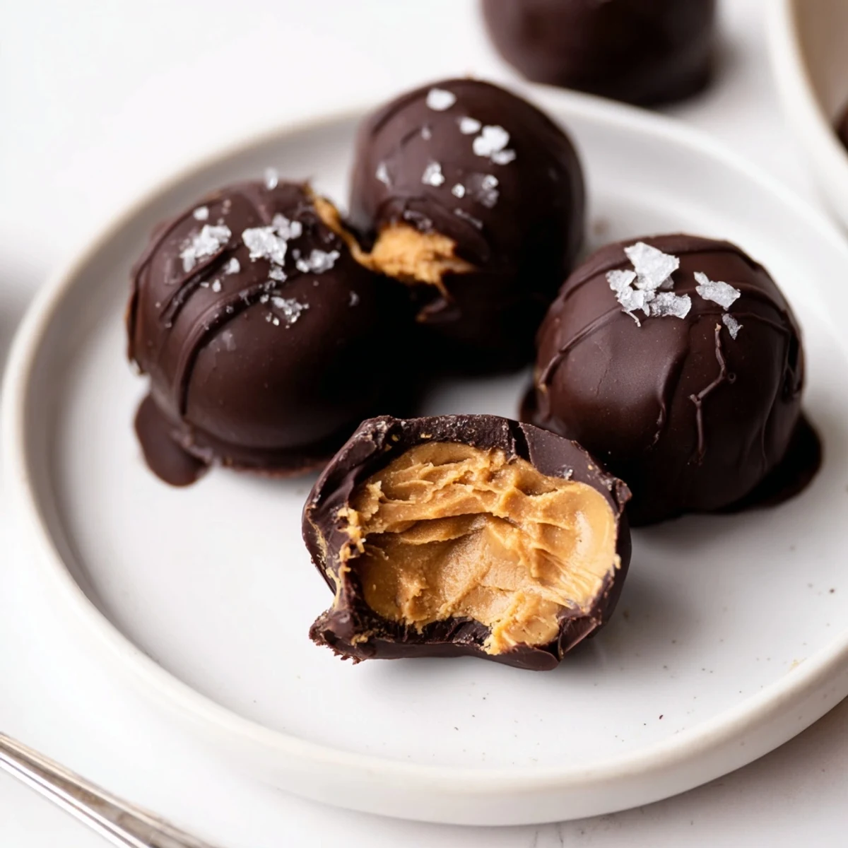 Frozen Peanut Butter Greek Yogurt Bites, chilly creamy centers enrobed in glossy dark chocolate