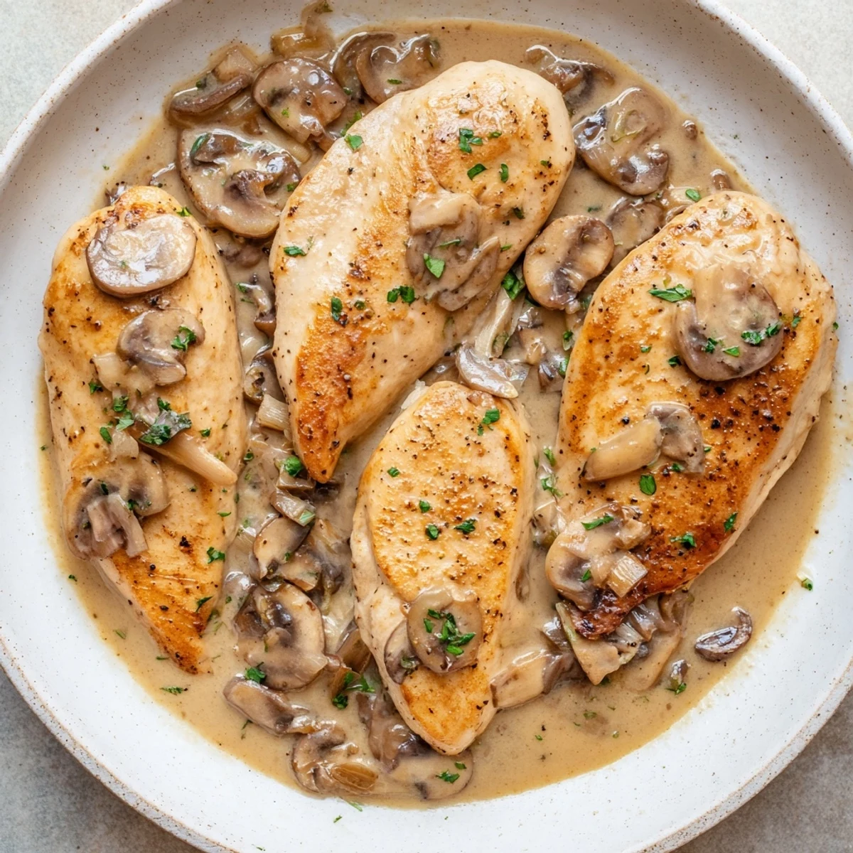 Skillet Chicken And Mushroom Sauce simmering in a creamy, fragrant pan, parsley garnish