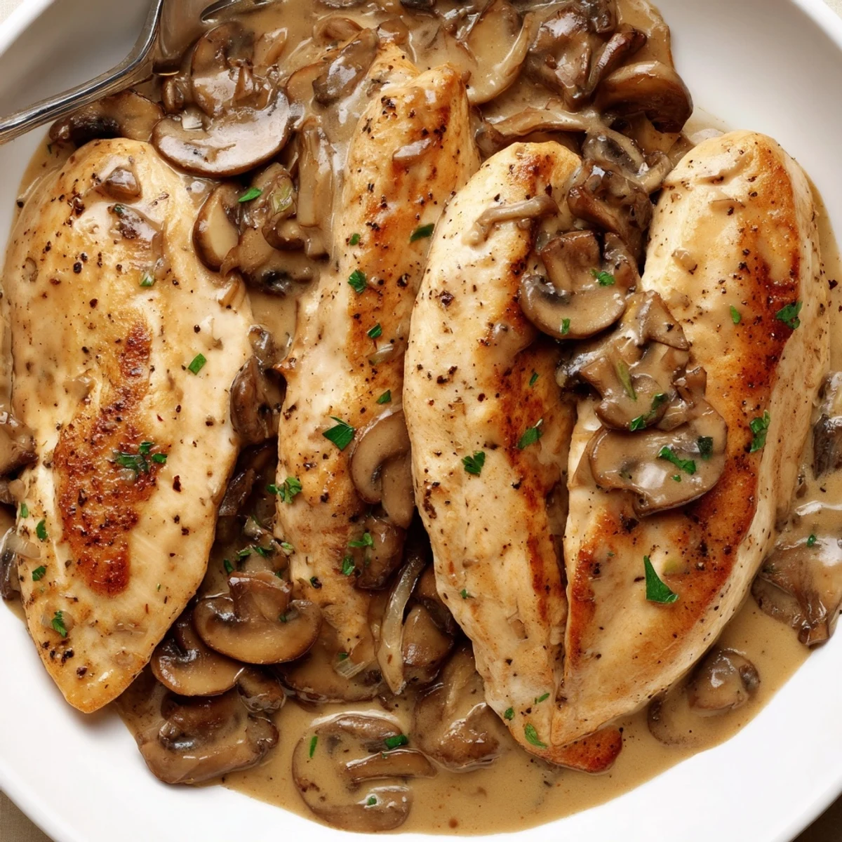 Creamy Skillet Chicken And Mushroom Sauce spooned over mashed potatoes, comforting weeknight meal